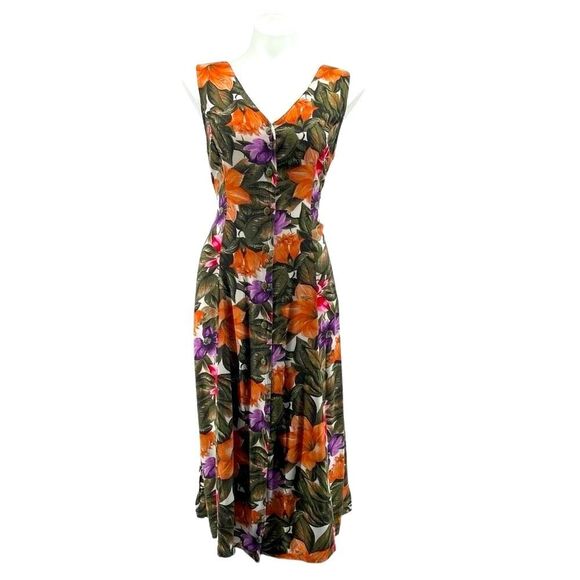 Vintage Jamie Brooke Rayon Tropical Floral Button Front Maxi Dress Size 10 - Picture 1 of 14